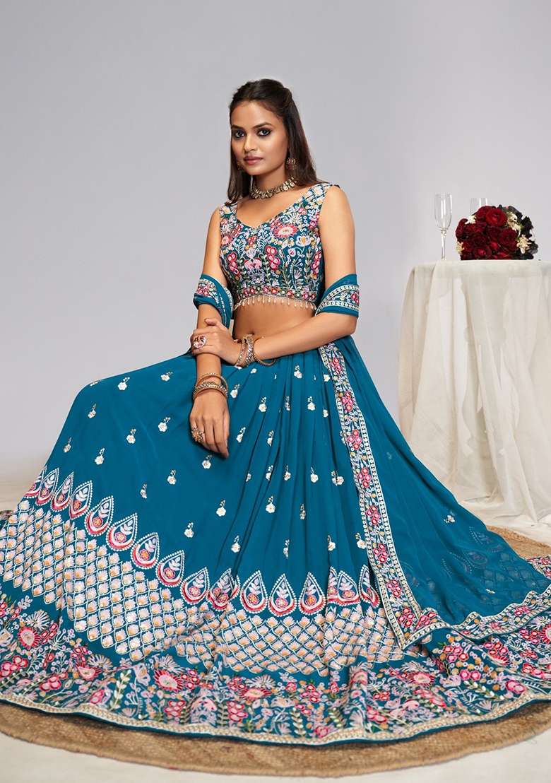 Sky Blue Georgette Lehenga Set with Embroidery for Diwali | Wedding & Festive Wear - Indya