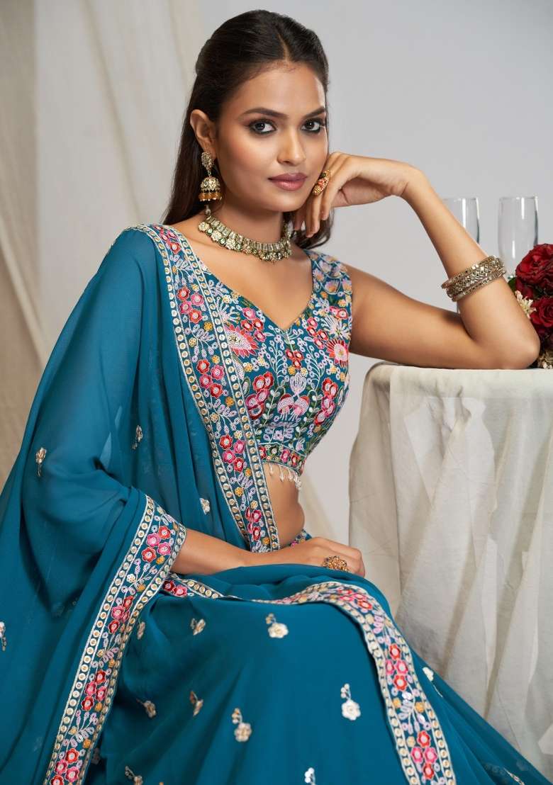 Sky Blue Georgette Lehenga Set with Embroidery for Diwali | Wedding & Festive Wear - Indya