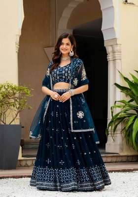 Navy Blue Georgette Lehenga Set with Embroidery for Diwali | Wedding & Festive Wear