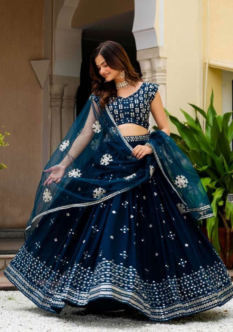 Navy Blue Georgette Lehenga Set with Embroidery for Diwali | Wedding & Festive Wear - Indya