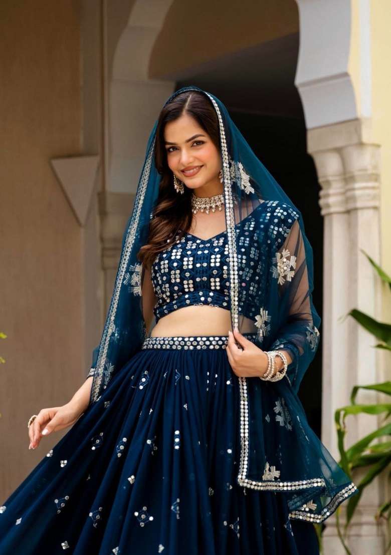 Navy Blue Georgette Lehenga Set with Embroidery for Diwali | Wedding & Festive Wear - Indya