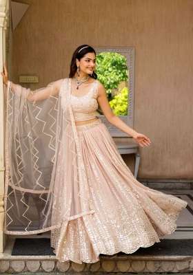 Cream Georgette Lehenga Set with Embroidery for Diwali | Wedding & Festive Wear