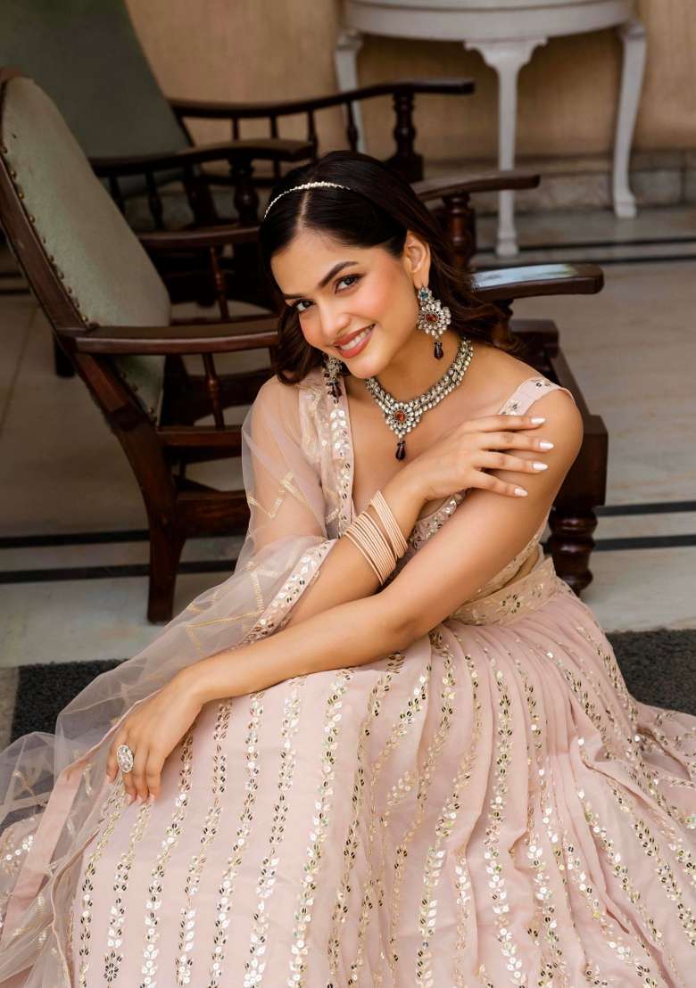 Cream Georgette Lehenga Set with Embroidery for Diwali | Wedding & Festive Wear - Indya