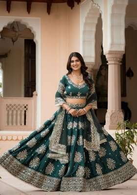 Green Crepe Lehenga Set with Embroidery for Diwali | Wedding & Festive Wear