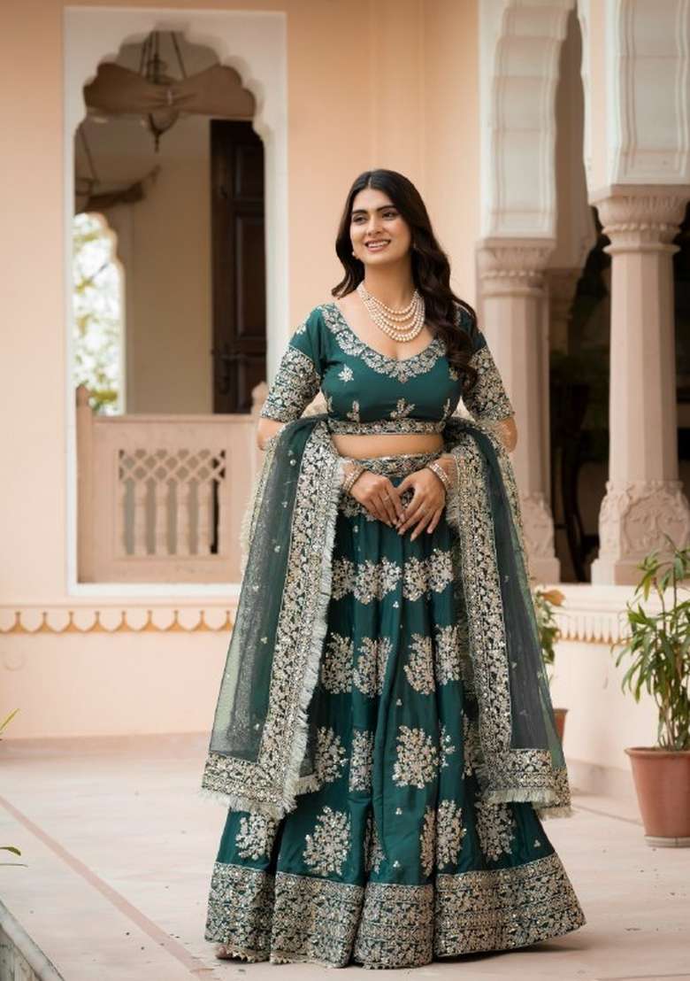 Green Crepe Lehenga Set with Embroidery for Diwali | Wedding & Festive Wear - Indya