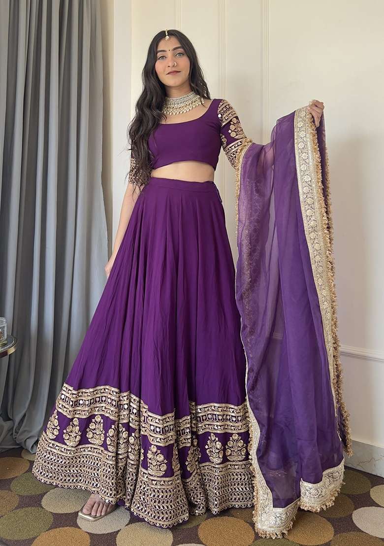 Purple Georgette Lehenga Set with Embroidery for Diwali | Wedding & Festive Wear - Indya