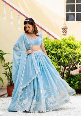 Sky Blue Embroidery Georgette Lehenga Set for Diwali and Festive Wear