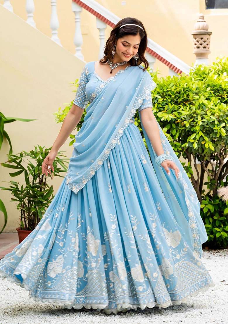 Sky Blue Embroidery Georgette Lehenga Set for Diwali and Festive Wear - Indya