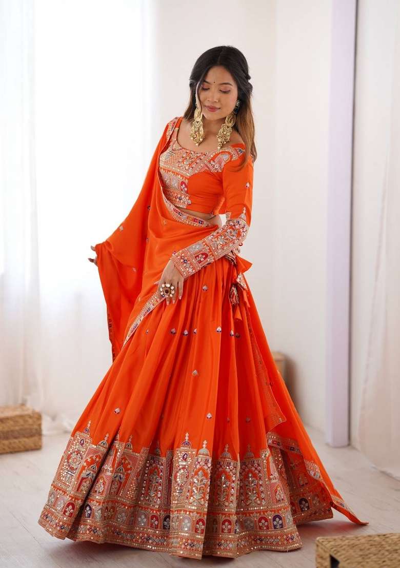 Orange Embroidery Crepe Lehenga Set for Diwali and Festive Wear - Indya