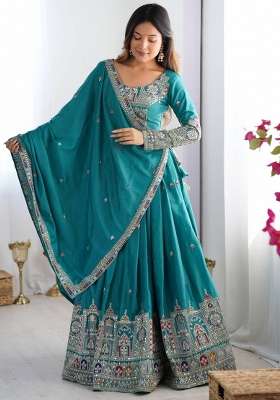 Sky Blue Embroidery Crepe Lehenga Set for Diwali and Festive Wear