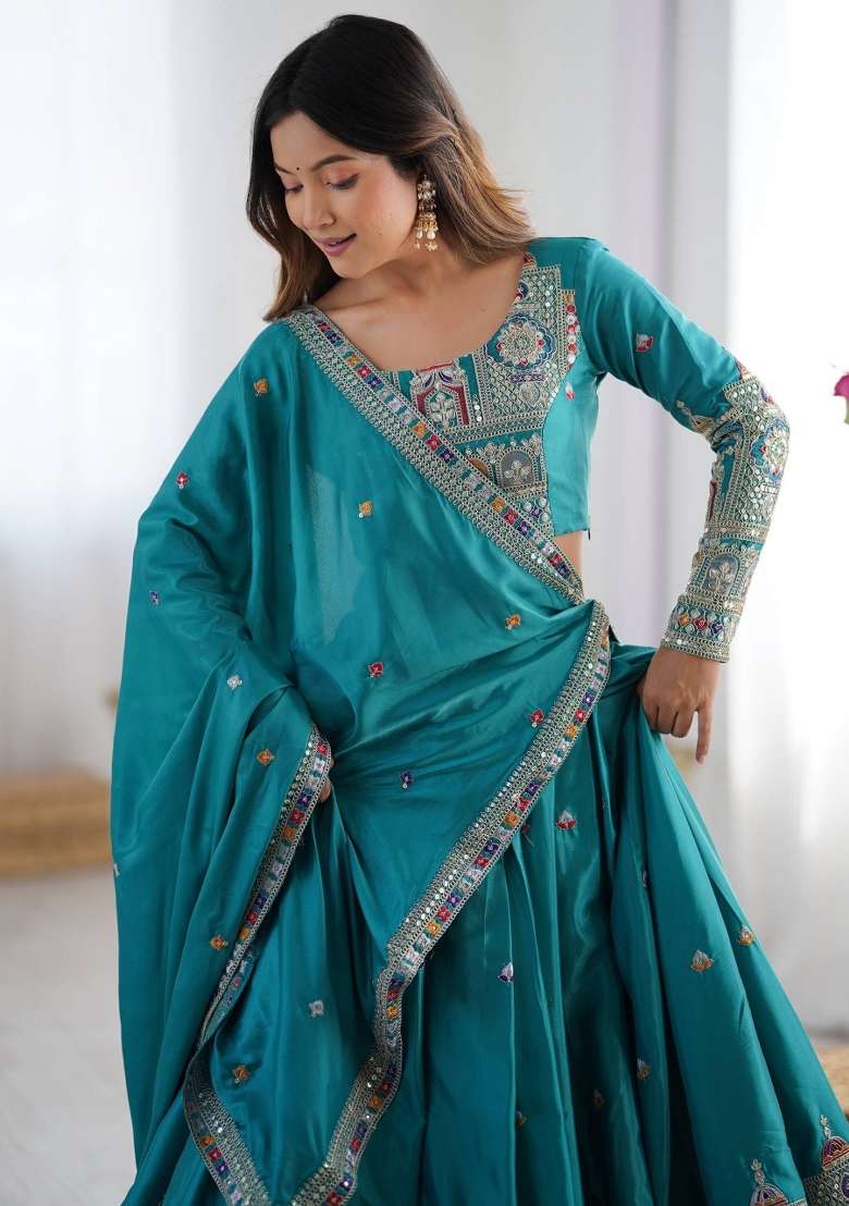 Sky Blue Embroidery Crepe Lehenga Set for Diwali and Festive Wear - Indya