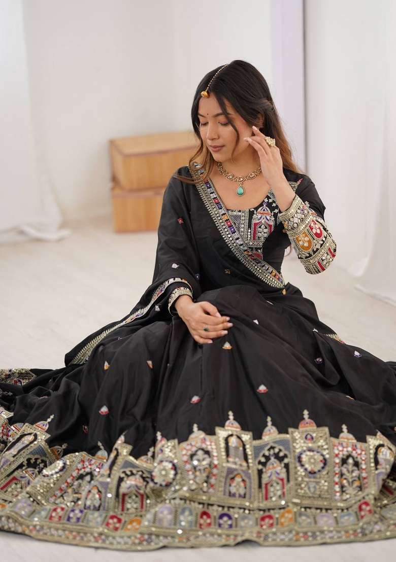 Black Crepe Lehenga Set with Embroidery for Diwali | Wedding & Festive Wear - Indya