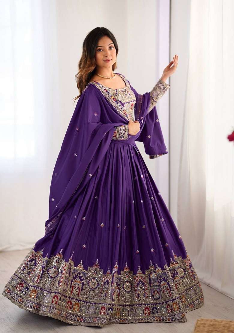 Purple Crepe Lehenga Set with Embroidery for Diwali | Wedding & Festive Wear - Indya