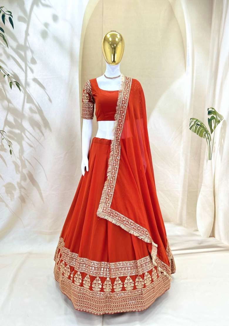 Orange Crepe Lehenga Set with Embroidery for Diwali | Wedding & Festive Wear - Indya