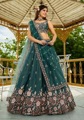 Rama Silk Lehenga Set with Embroidery for Diwali | Wedding & Festive Wear