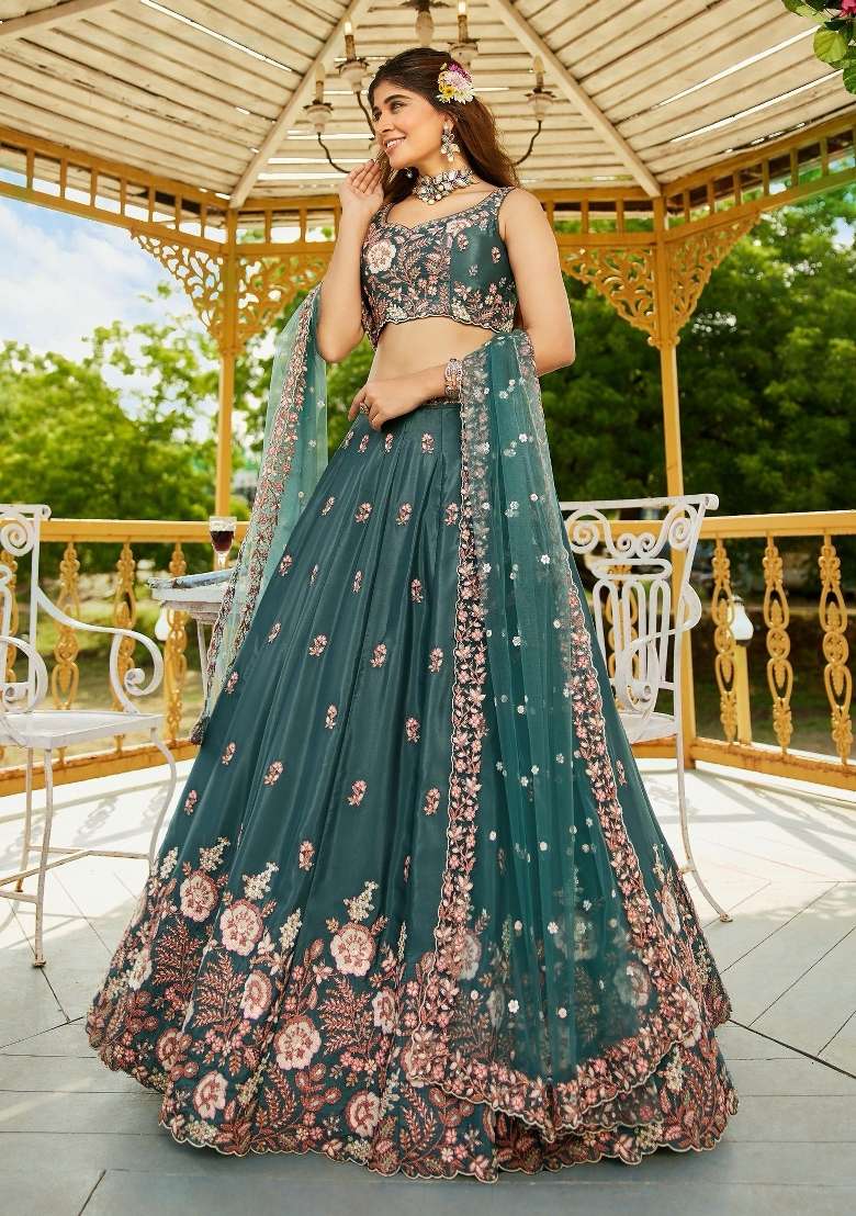 Rama Silk Lehenga Set with Embroidery for Diwali | Wedding & Festive Wear - Indya