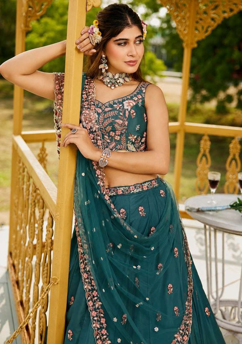 Rama Silk Lehenga Set with Embroidery for Diwali | Wedding & Festive Wear - Indya