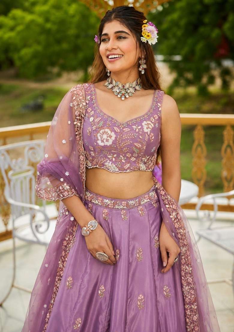 Purple Crepe Lehenga Set with Embroidery for Diwali | Wedding & Festive Wear - Indya