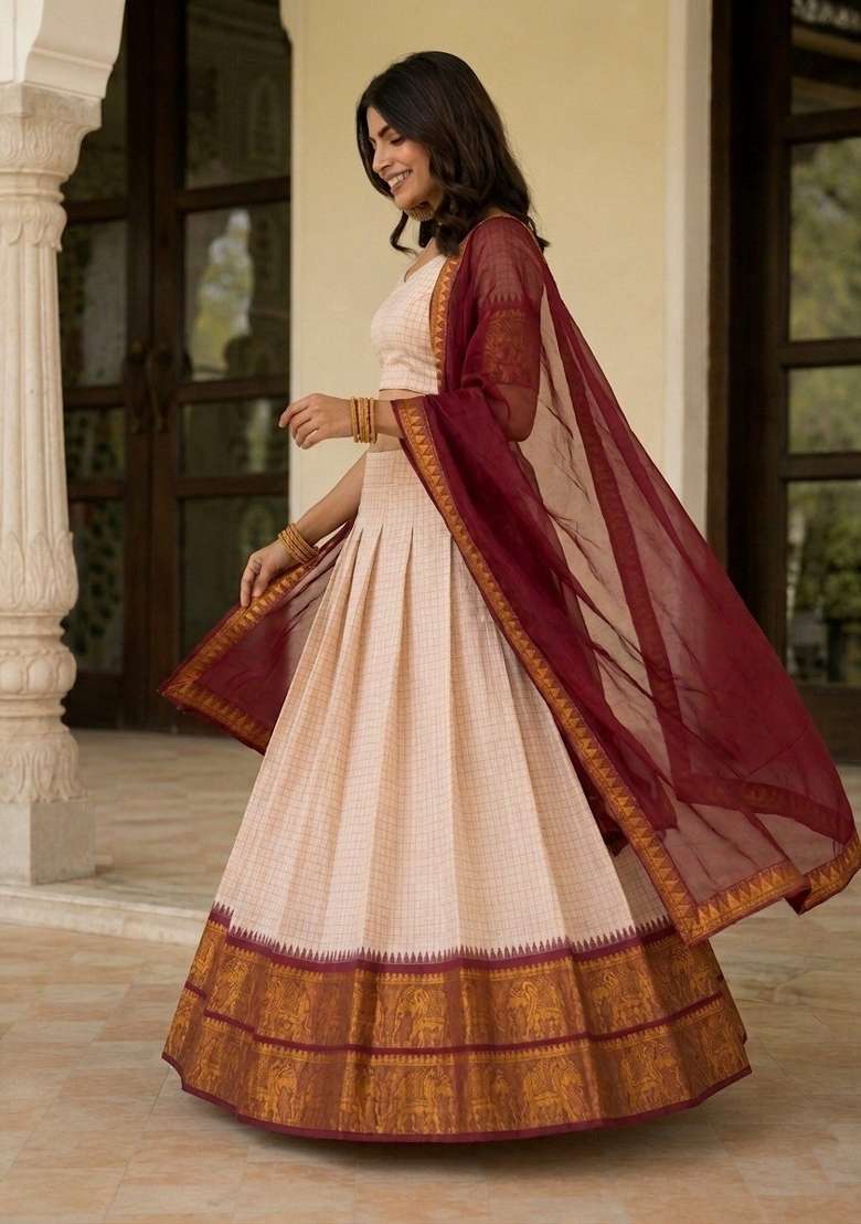 White Cotton Lehenga Set with Embroidery for Diwali | Wedding & Festive Wear - Indya