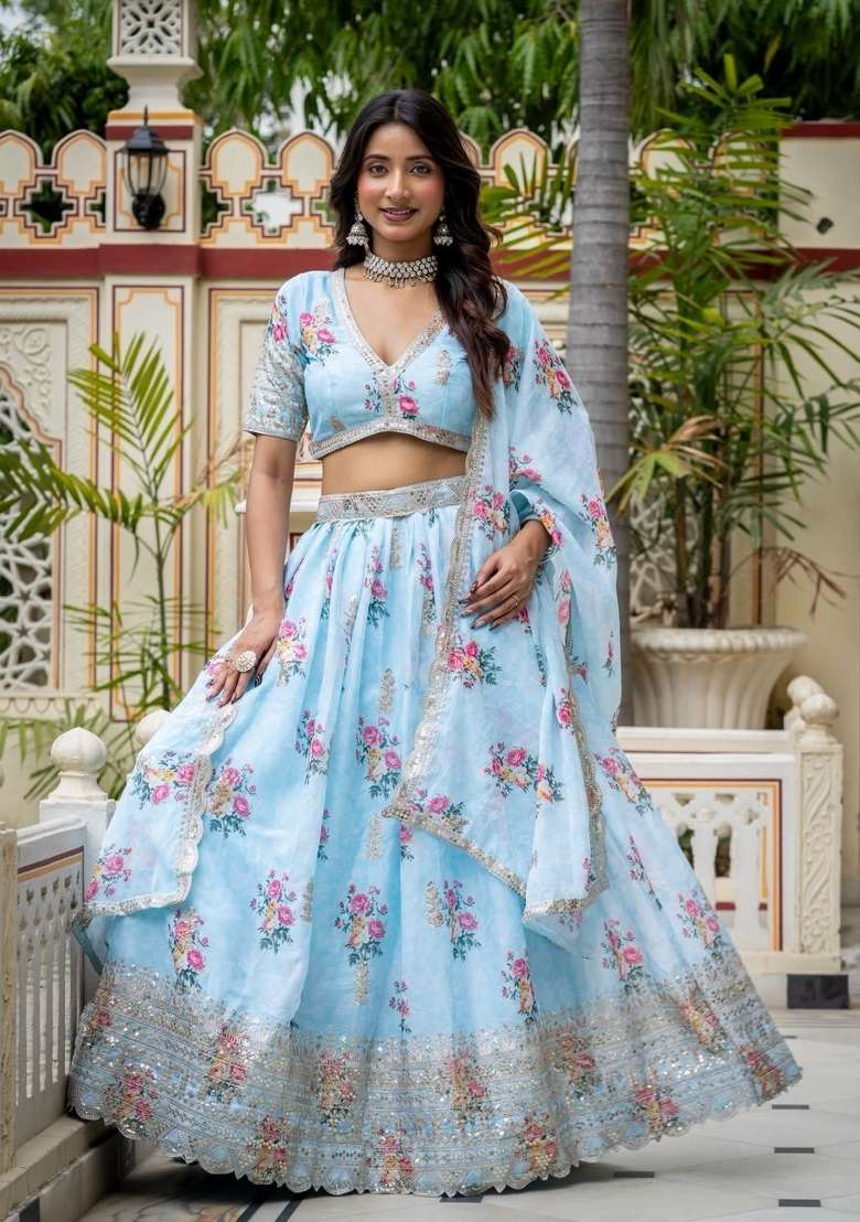 Sky Blue Embroidery Georgette Lehenga Set - Indya