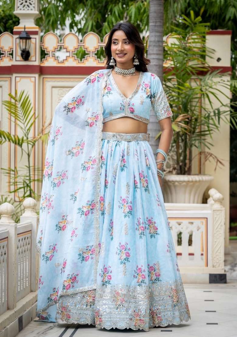 Sky Blue Embroidery Georgette Lehenga Set - Indya