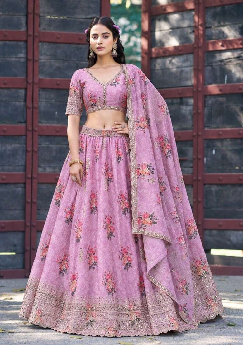 Pink Embroidery Georgette Lehenga Set - Indya