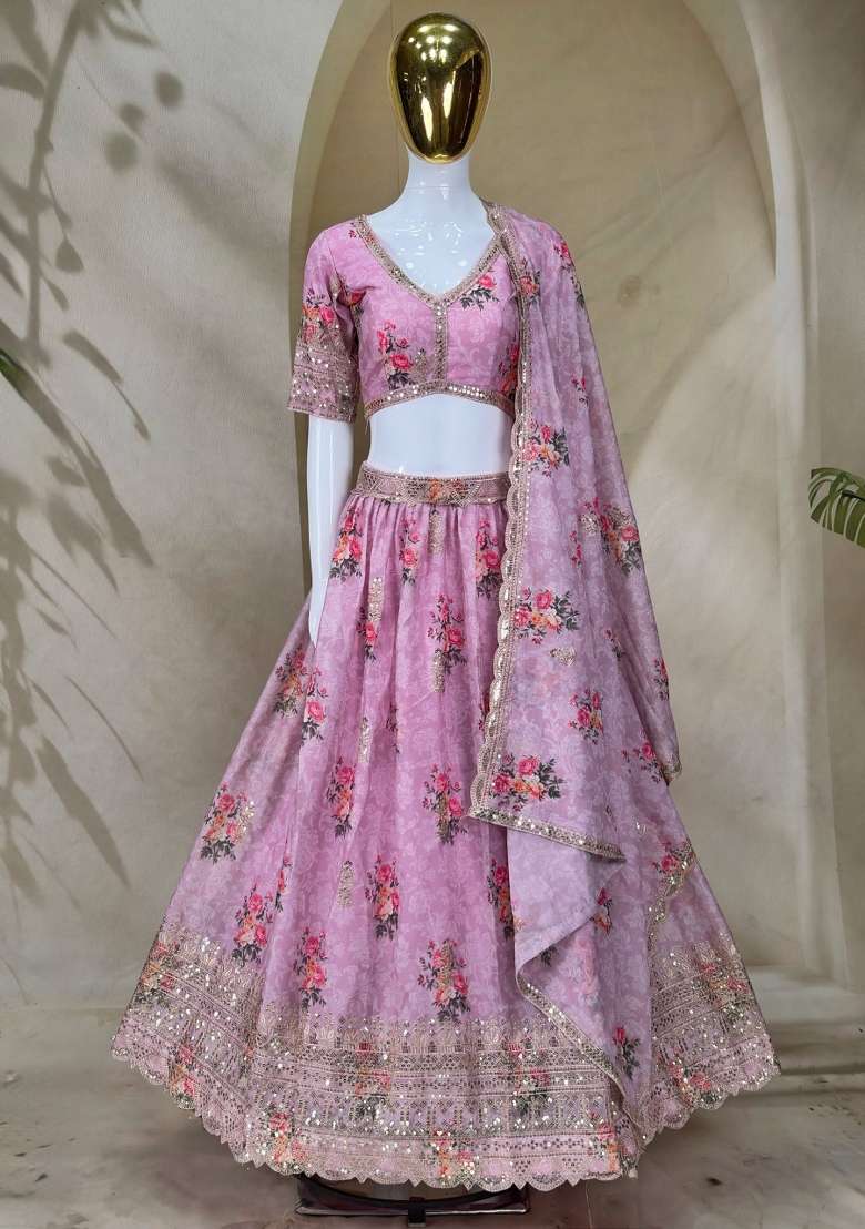 Pink Embroidery Georgette Lehenga Set - Indya