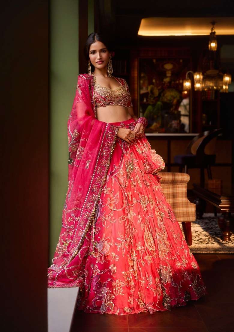 Pink Silk Lehenga Set with Embroidery for Diwali | Wedding & Festive Wear - Indya