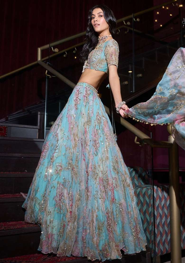 Sky Blue Silk Lehenga Set with Embroidery for Diwali | Wedding & Festive Wear - Indya