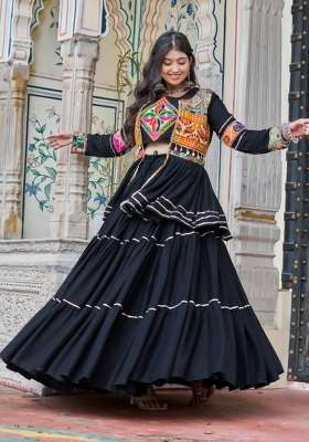 Black Mirror Work Cotton Lehenga Set for Diwali and Festive Wear