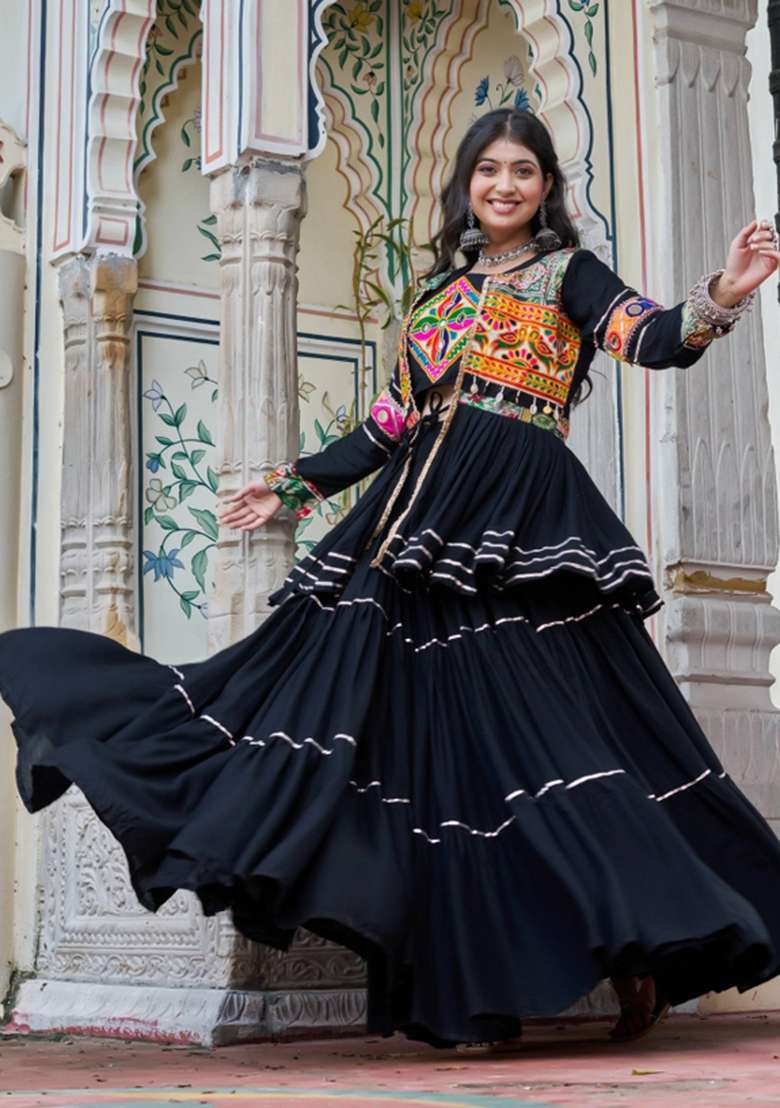 Black Mirror Work Cotton Lehenga Set for Diwali and Festive Wear - Indya