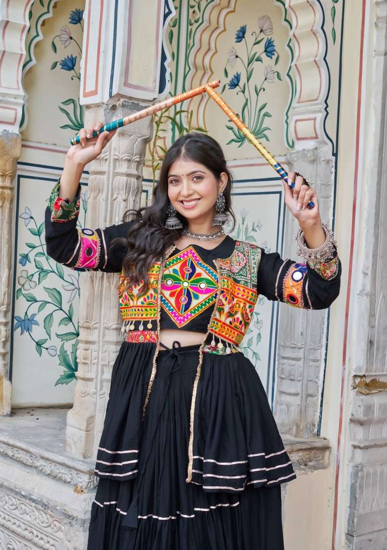 Black Mirror Work Cotton Lehenga Set for Diwali and Festive Wear - Indya