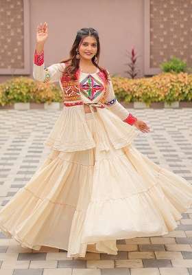 Cream Mirror Work Cotton Lehenga Set for Diwali and Festive Wear