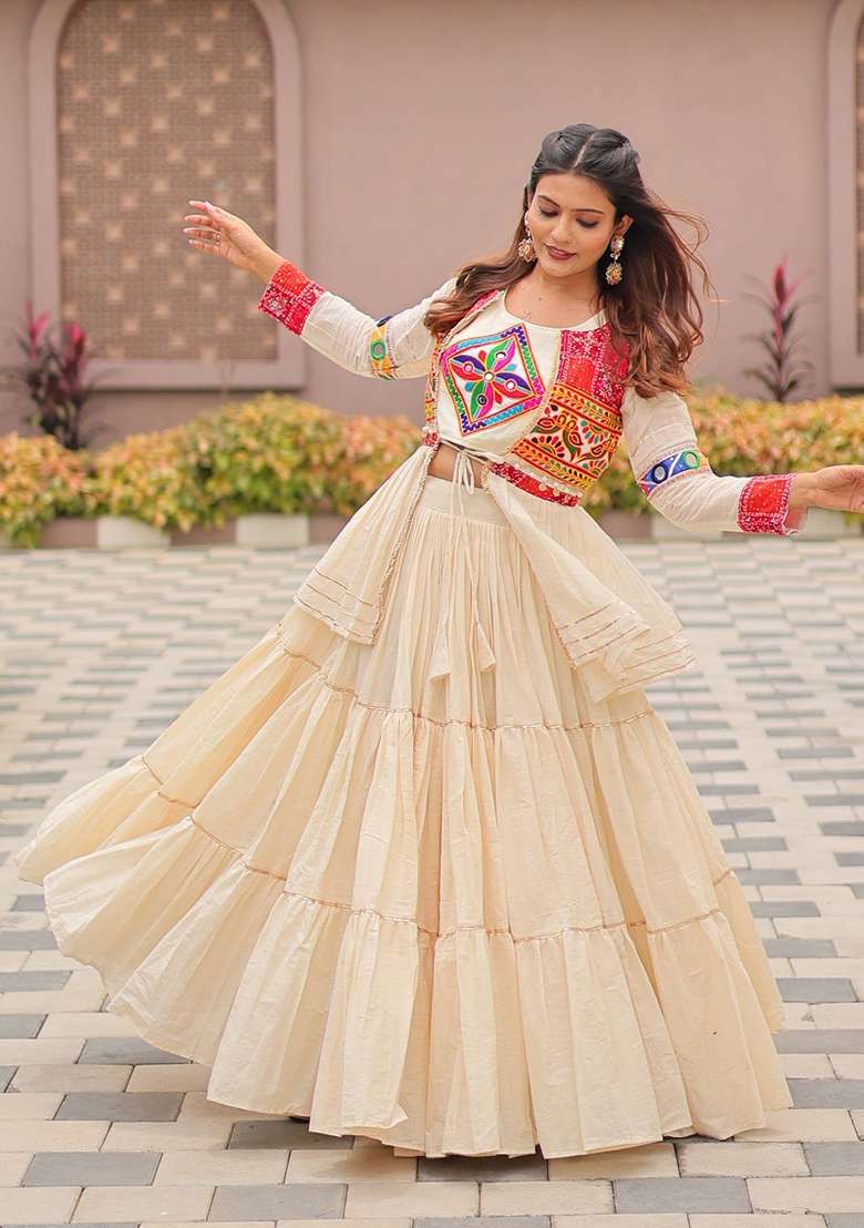 Cream Mirror Work Cotton Lehenga Set for Diwali and Festive Wear - Indya