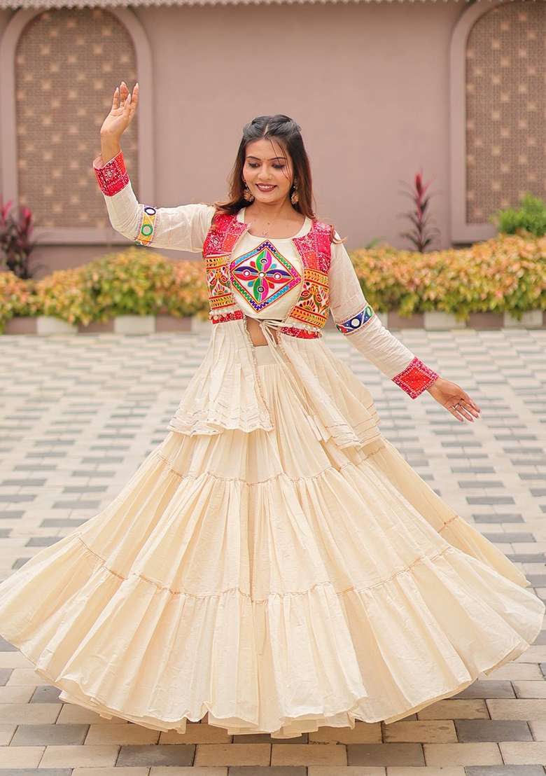 Cream Mirror Work Cotton Lehenga Set for Diwali and Festive Wear - Indya