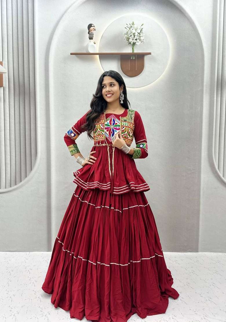 Maroon Mirror Work Cotton Lehenga Set for Diwali and Festive Wear - Indya