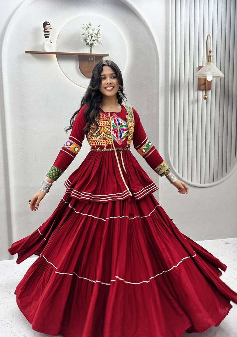 Maroon Mirror Work Cotton Lehenga Set for Diwali and Festive Wear - Indya