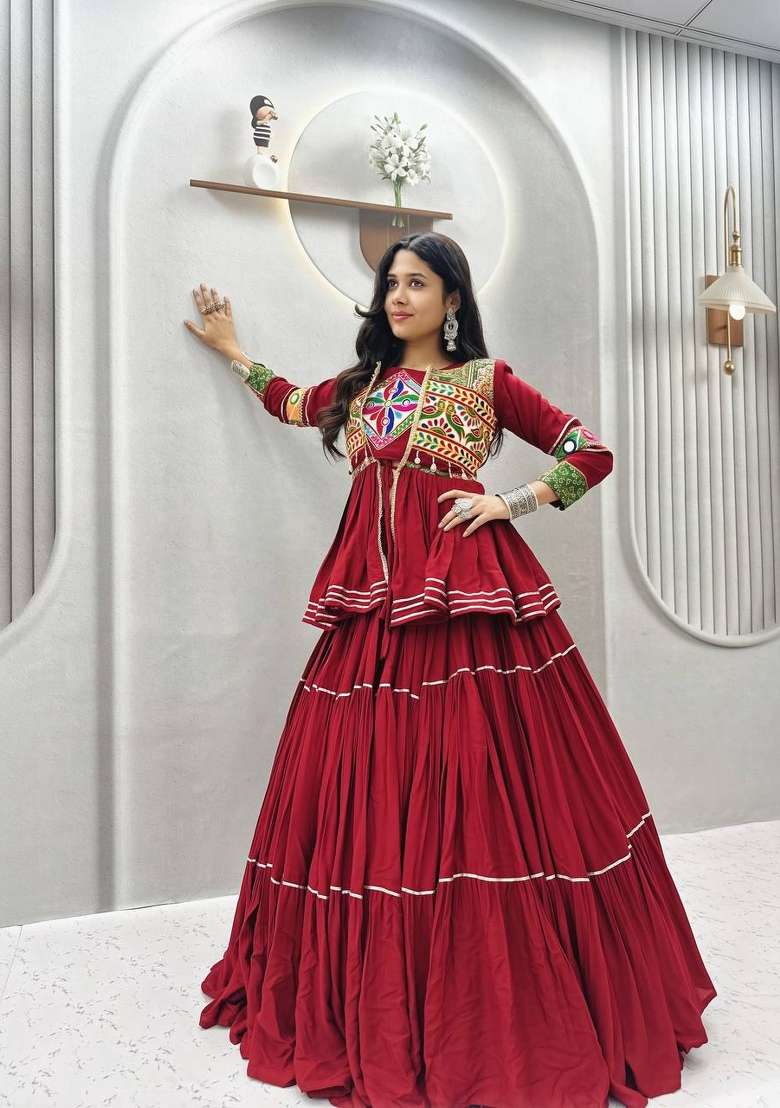Maroon Mirror Work Cotton Lehenga Set for Diwali and Festive Wear - Indya