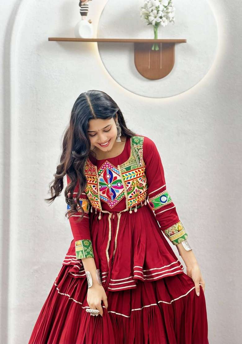 Maroon Mirror Work Cotton Lehenga Set for Diwali and Festive Wear - Indya
