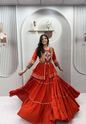 Orange Mirror Work Cotton Lehenga Set for Diwali and Festive Wear