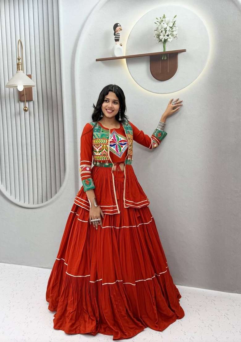 Orange Mirror Work Cotton Lehenga Set for Diwali and Festive Wear - Indya