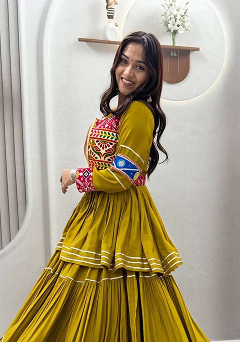Perrot Cotton Lehenga Set with Mirror Work for Diwali | Wedding & Festive Wear - Indya