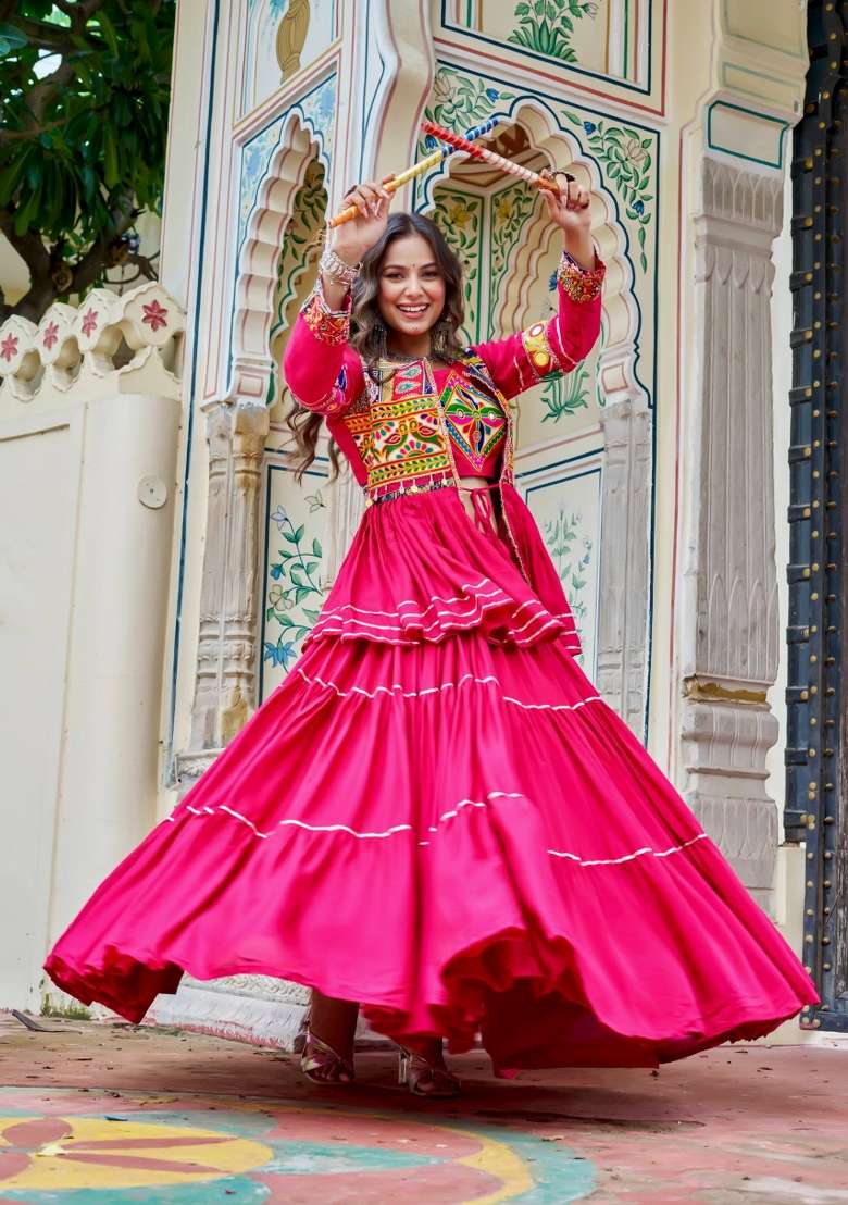Pink Mirror Work Cotton Lehenga Set for Diwali and Festive Wear - Indya