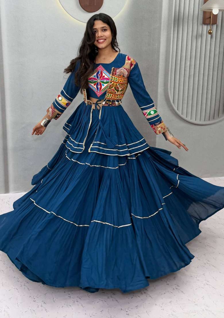 Rama Cotton Lehenga Set with Mirror Work for Diwali | Wedding & Festive Wear - Indya