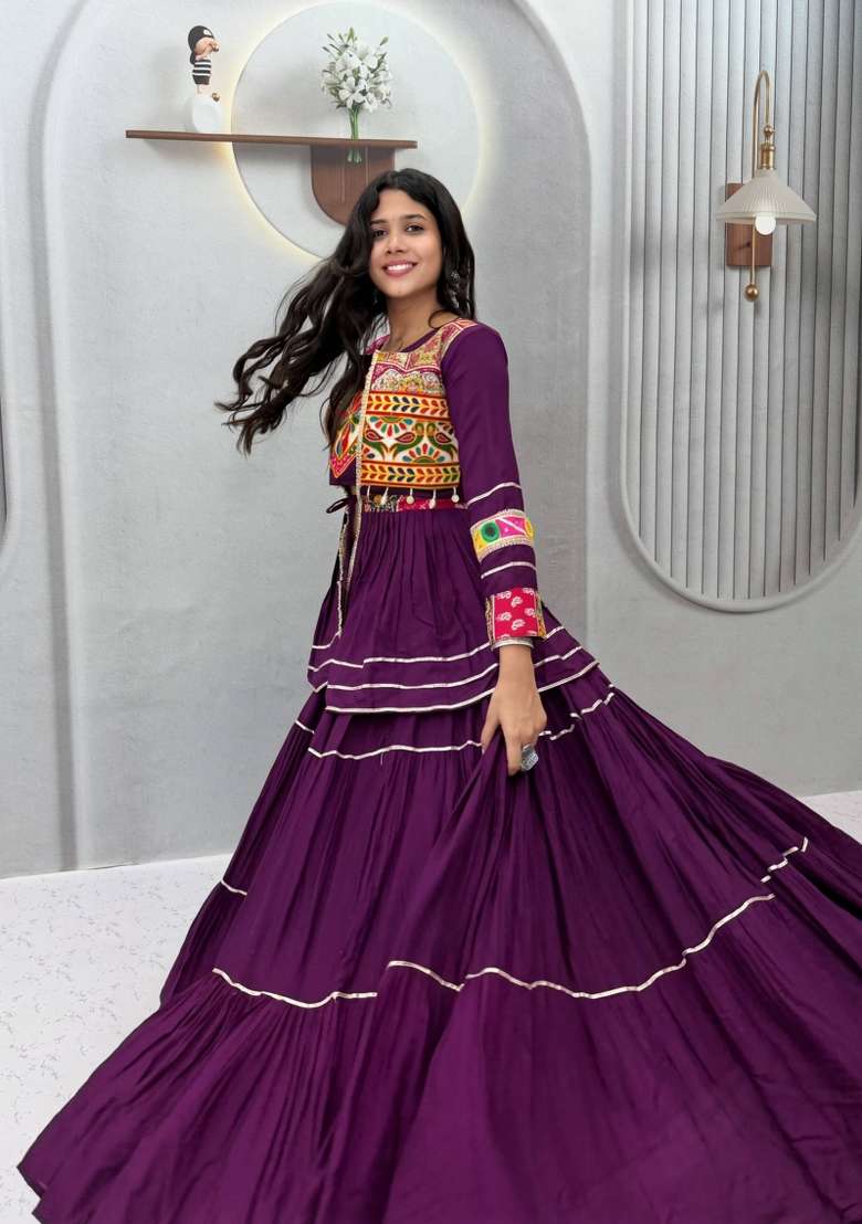 Wine Mirror Work Cotton Lehenga Set for Diwali and Festive Wear - Indya