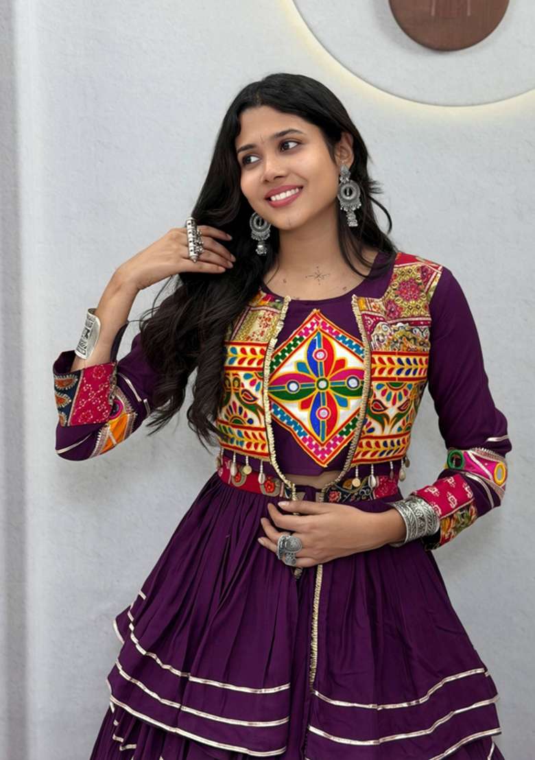 Wine Mirror Work Cotton Lehenga Set for Diwali and Festive Wear - Indya