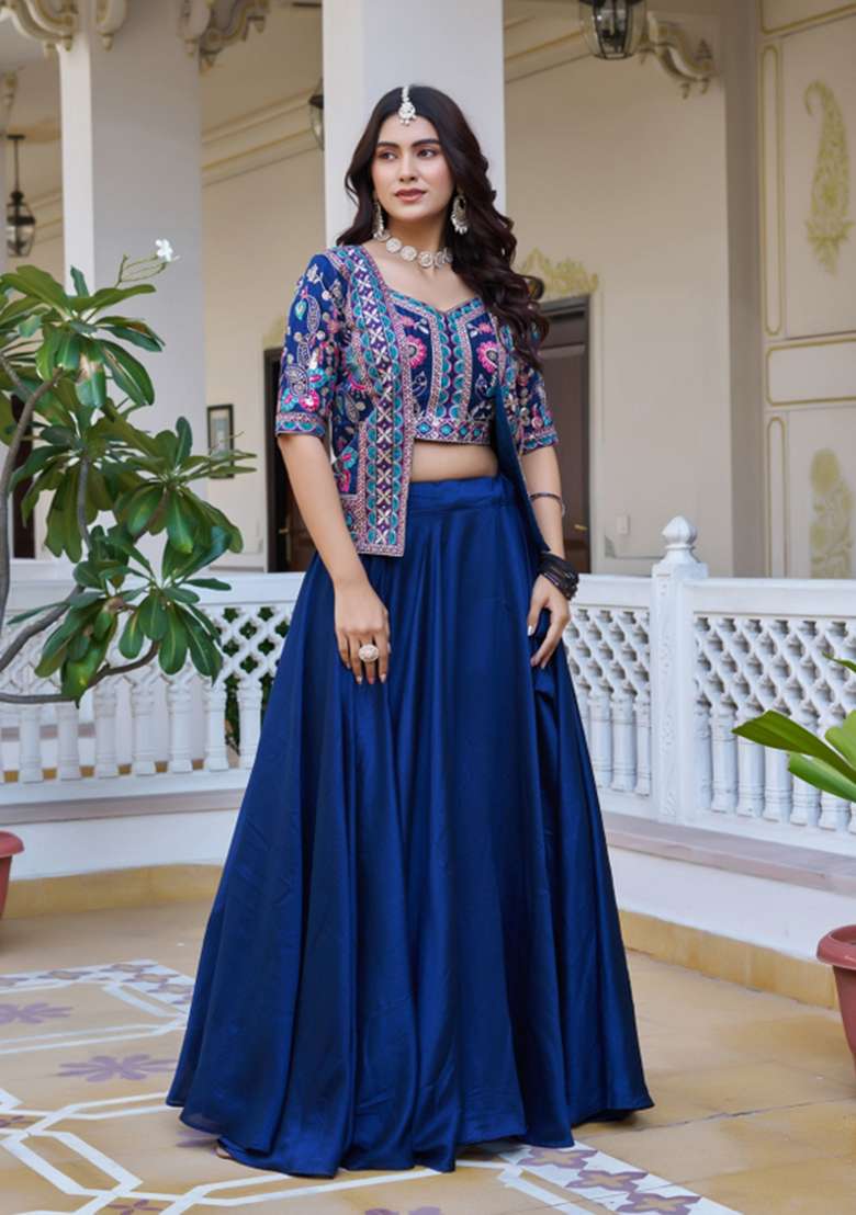 Blue Vichitra Lehenga Set with Embroidery for Diwali | Wedding & Festive Wear - Indya