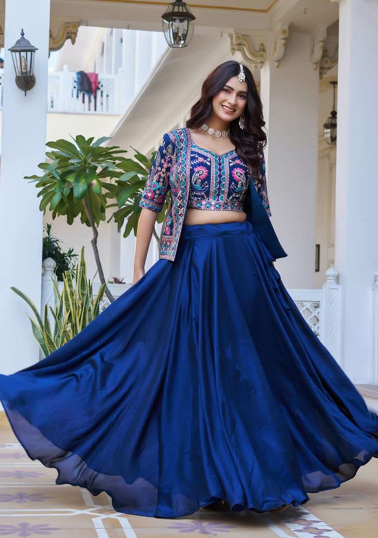 Blue Vichitra Lehenga Set with Embroidery for Diwali | Wedding & Festive Wear - Indya