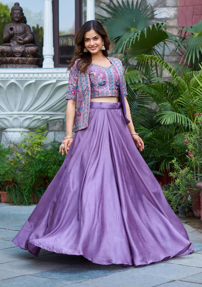 Lavender Embroidery Vichitra Lehenga Set for Diwali and Festive Wear - Indya
