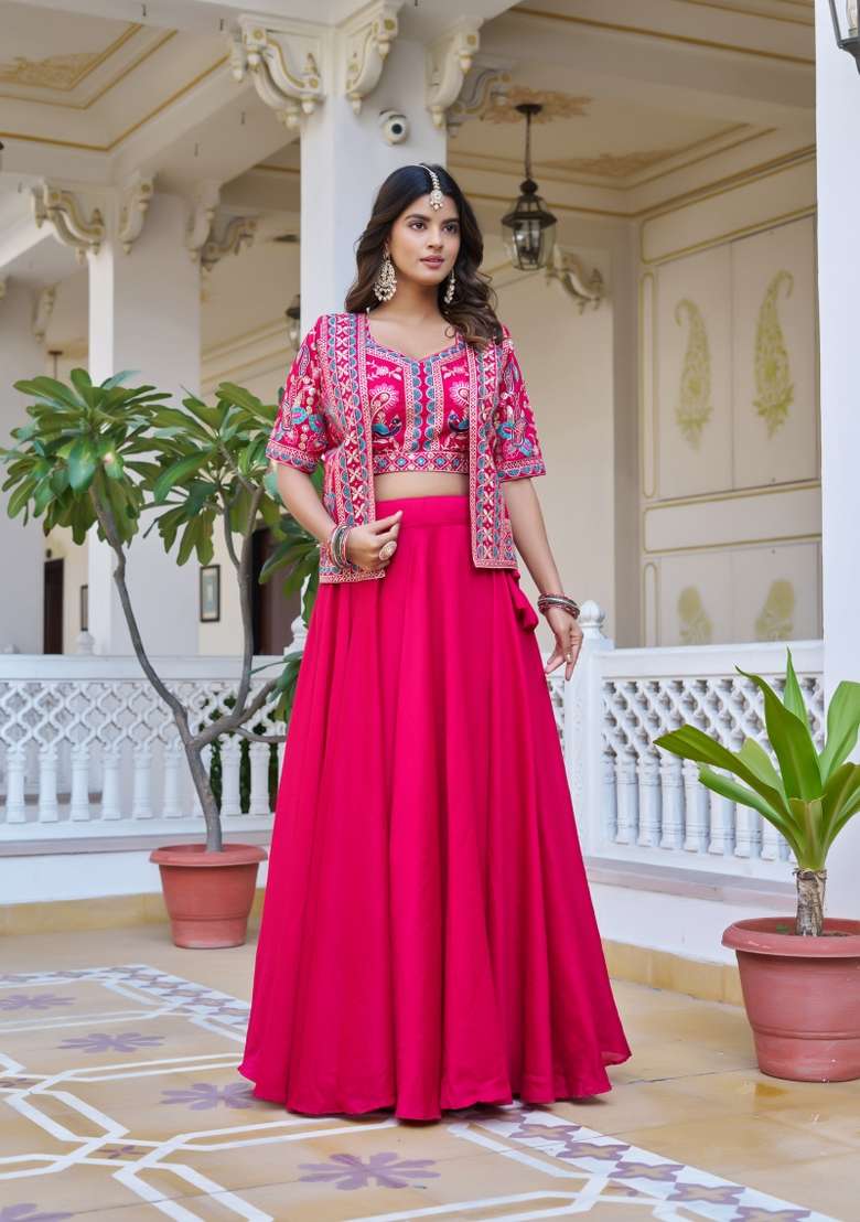Pink Vichitra Lehenga Set with Embroidery for Diwali | Wedding & Festive Wear - Indya